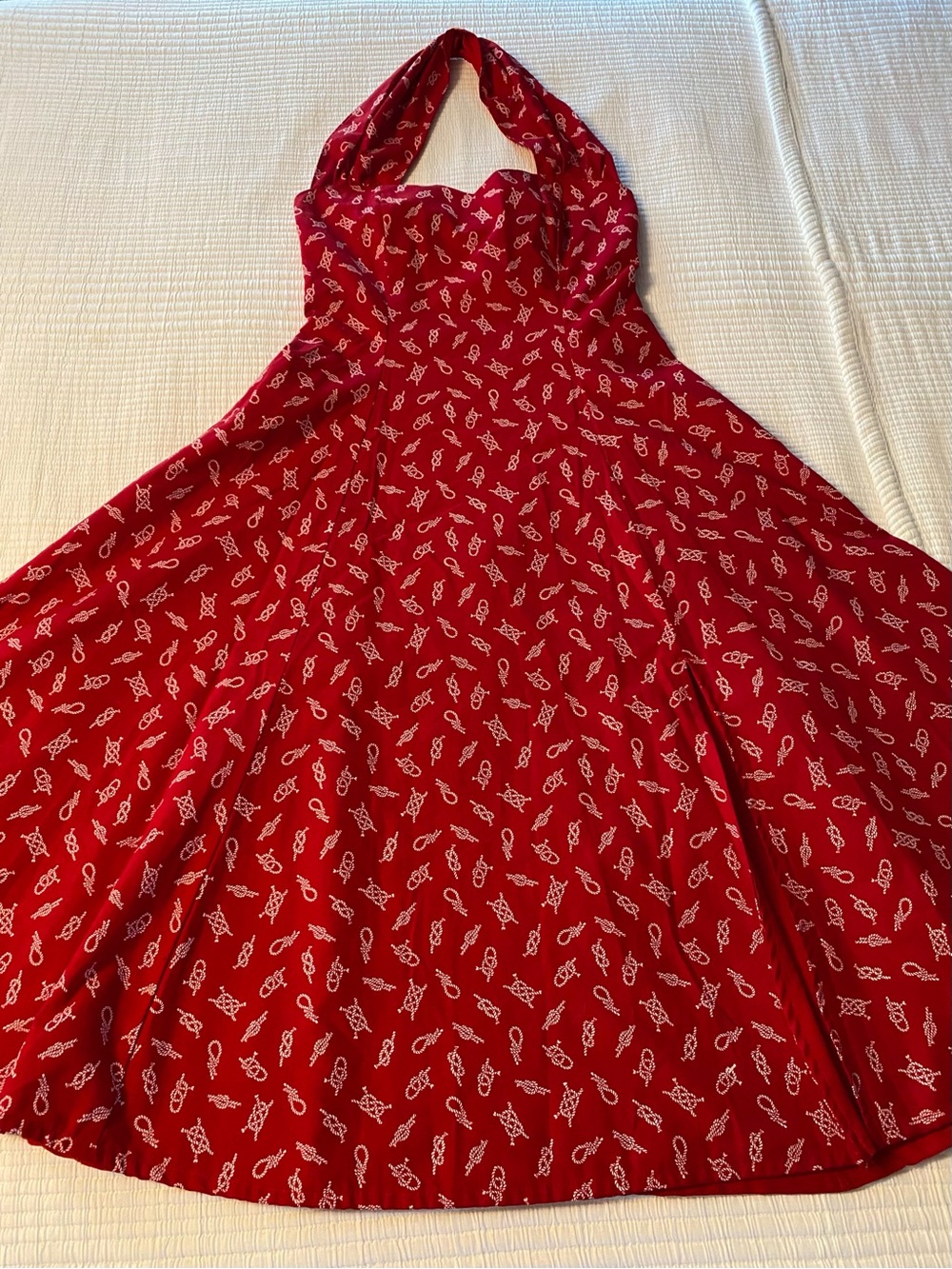 Vintage Rockabilly Mod Retro Swing Halter Dress Red Nautical Rope Print